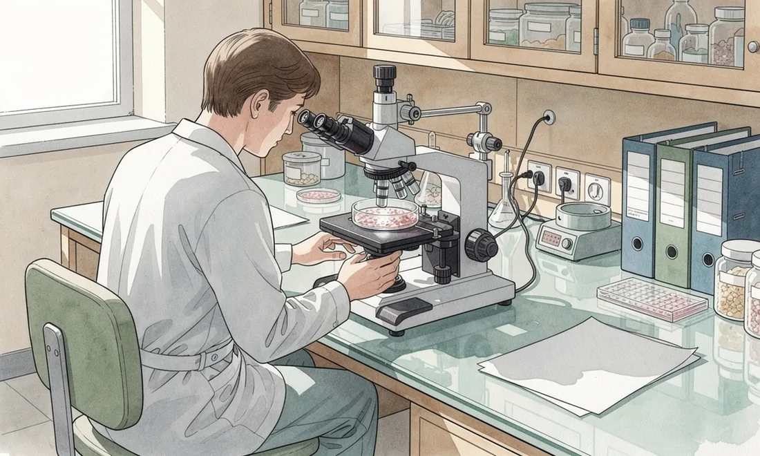 A hand-tinted engraving of a technician moving a shallow culture dish onto an embryology microscope stage