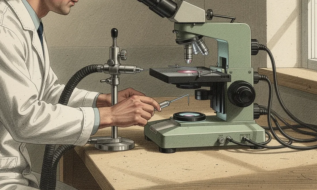 An engraved laboratory scene with an adult technician adjusting a fine electrode beside a microscope stage
