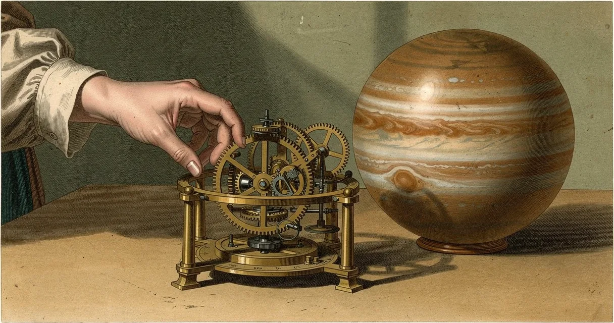 An illustrated adult hand adjusting the drive wheel of a brass planetary model beside a banded wooden sphere